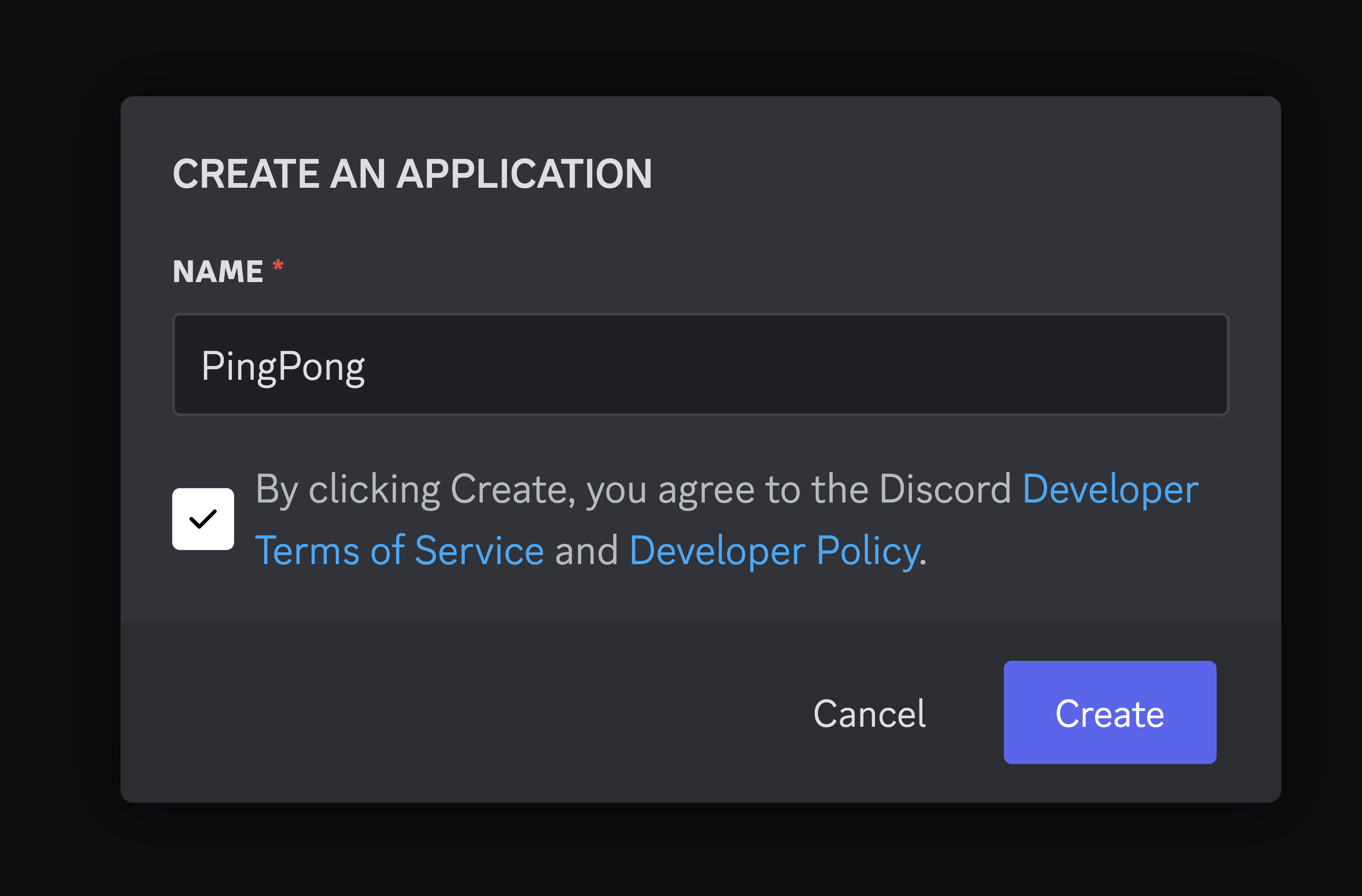 A screenshot of the Discord application creation modal