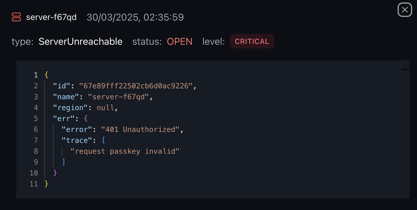 A screenshot of a browser showing a modal with an error message with the reason for a server being "unhealthy"