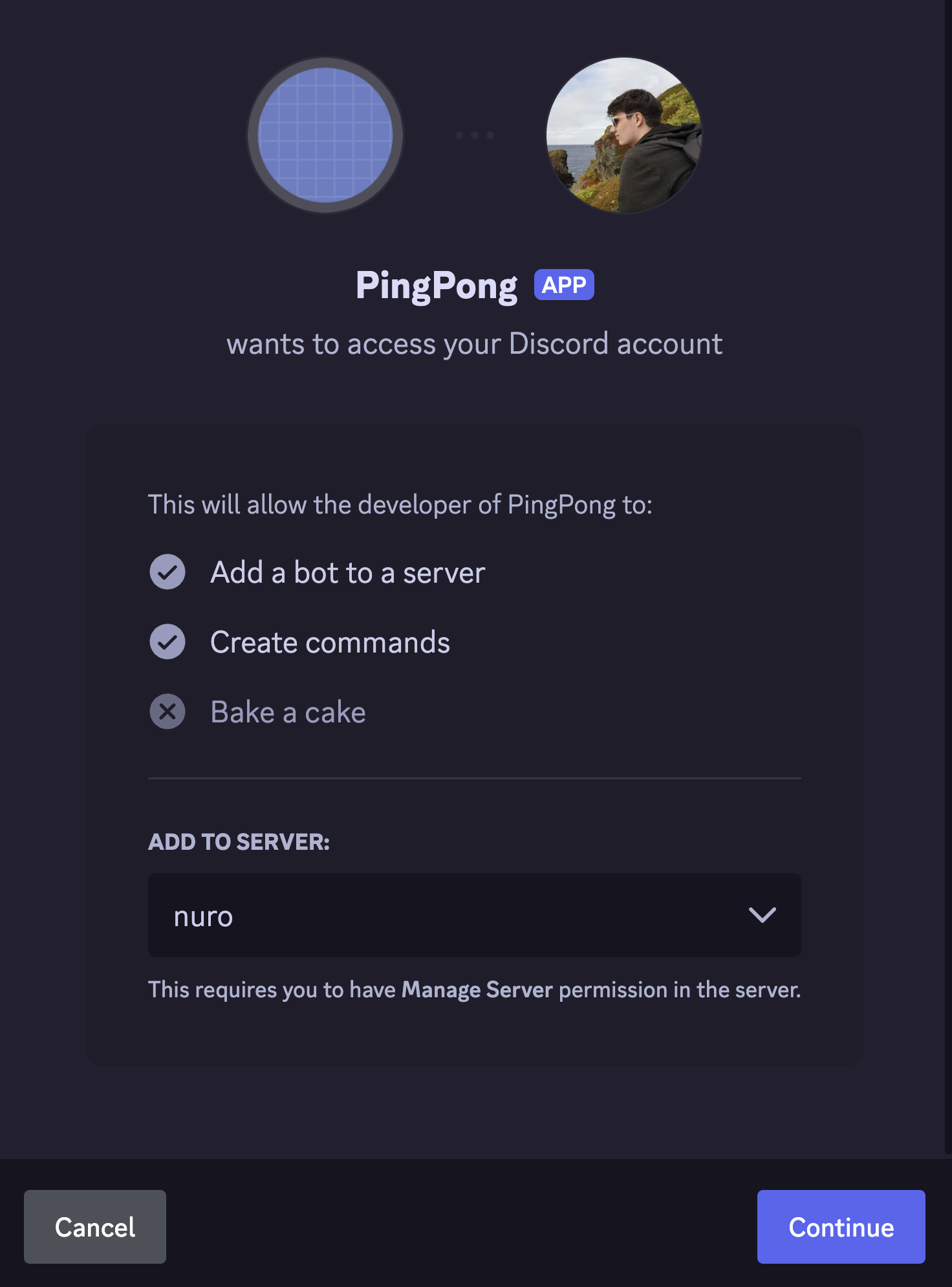 A screenshot of the modal in Discord asking you which server to install an integration to