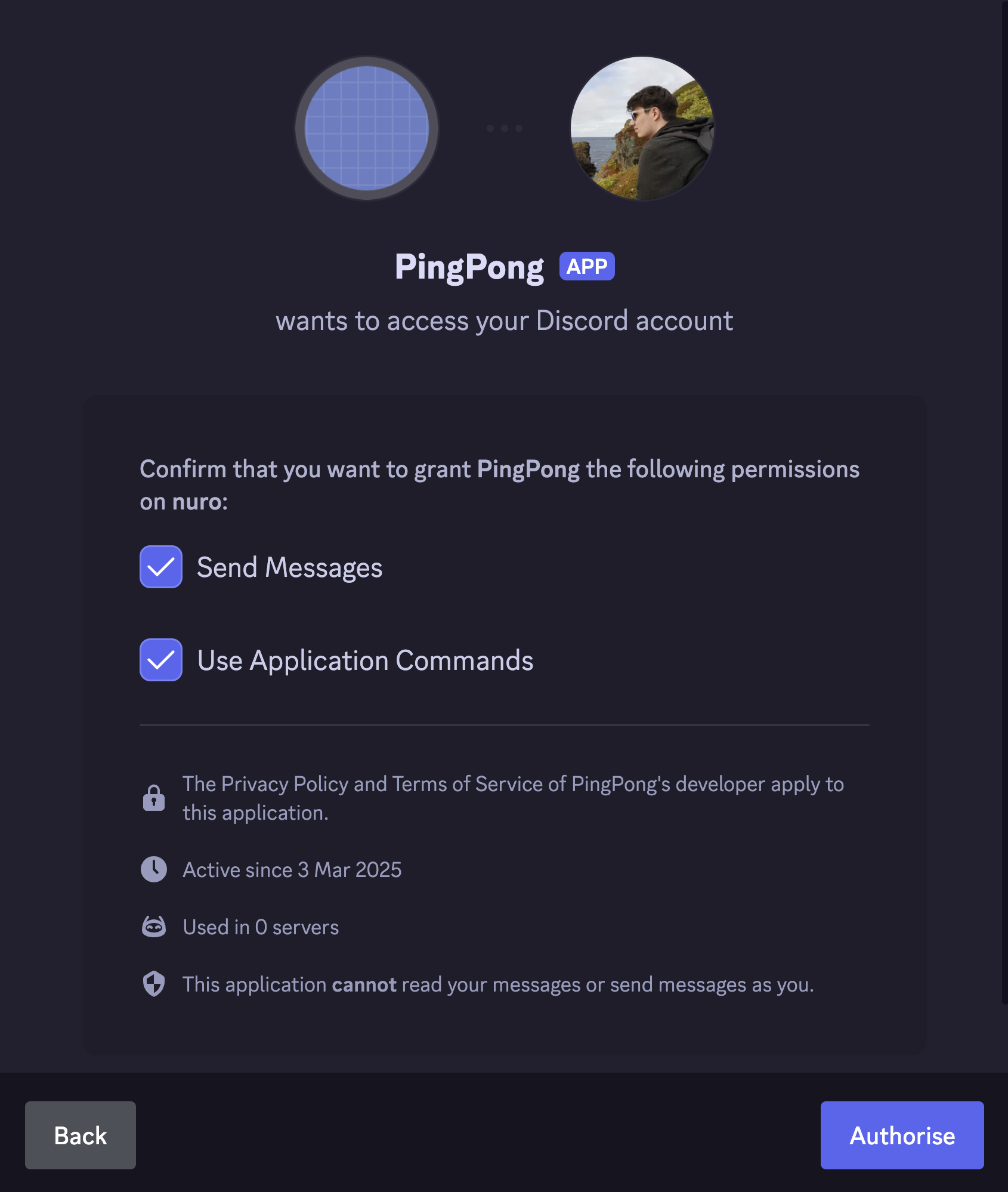 A screenshot of the modal in Discord informing you of the permissions of the integration you're about install will have