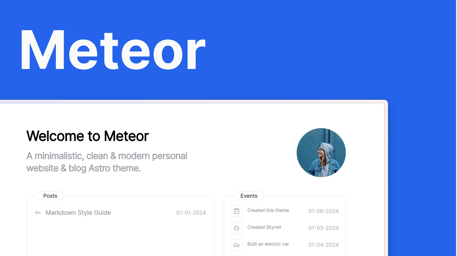 A vibrant blue background with large text saying "Meteor" in the top left & a screenshot showing the Astro theme in use