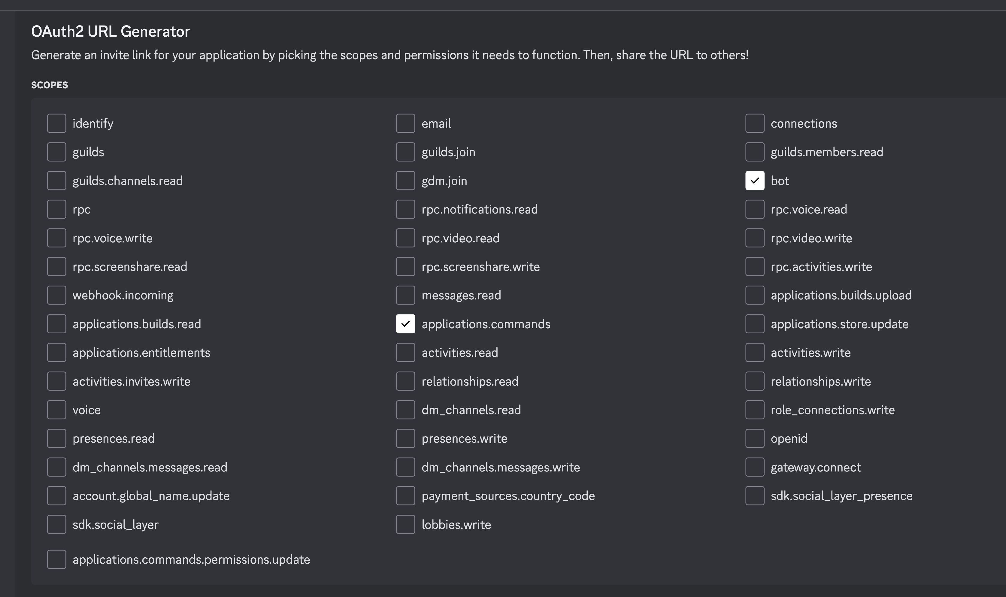 A screenshot of the OAuth scopes for a Discord application. Showing the applications.commands & bot scopes selected